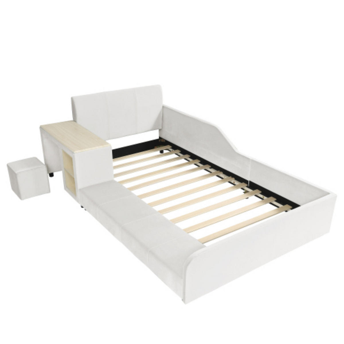 POLSTER-EINZELBETT 90x200 cm mit Schreibtisch & Hocker, Samtbezug, weiß - Weiß, Holzwerkstoff (90/200cm) - Luhomfu