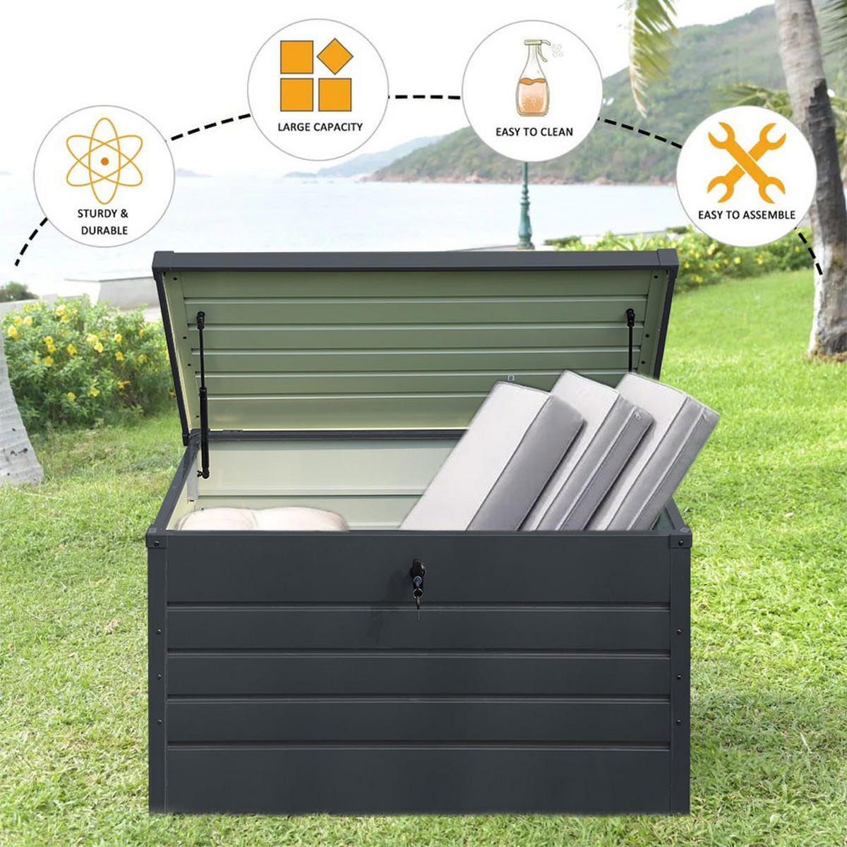 GARTENBOX Auflagenbox Kissenbox mit Schloss für Werkzeuge aus Metall in Schwarz in AußenGarten abschließbar 120 x 61 x 63 cm 20 kg - Schwarz, Metall (120/63/61cm) - Livingandhome
