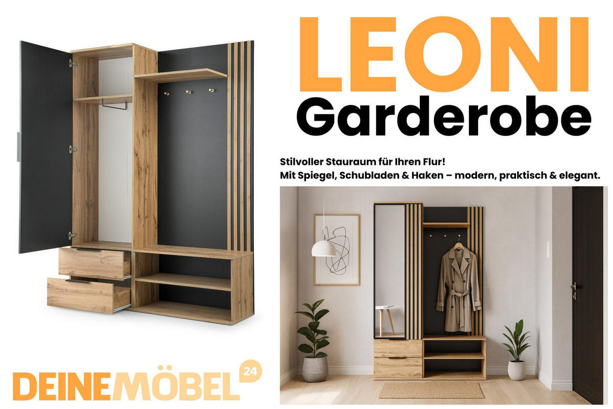 GARDEROBE LEONI 140/200 in Eiche Wotan / Schwarz - Eiche Wotan/Schwarz, Holzwerkstoff (140/200/40cm) - Deine Möbel 24