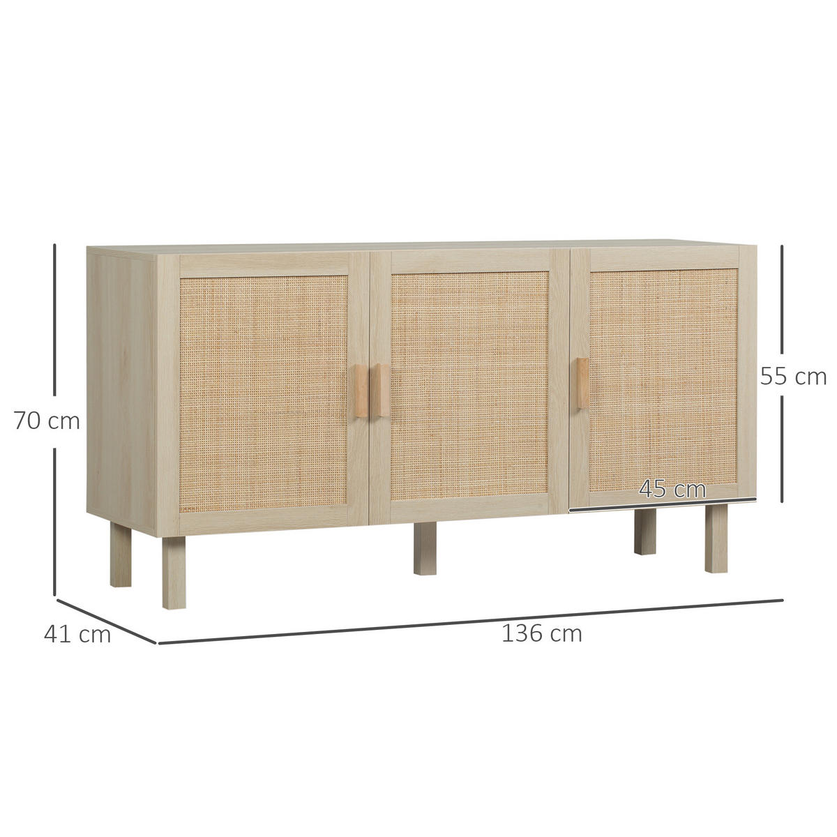 SIDEBOARD Holzwerkstoff/Rattan-Optik, 3 Türen, 136/41/70 cm - Naturfarben, Holz (136/70/41cm) - PANGIVO