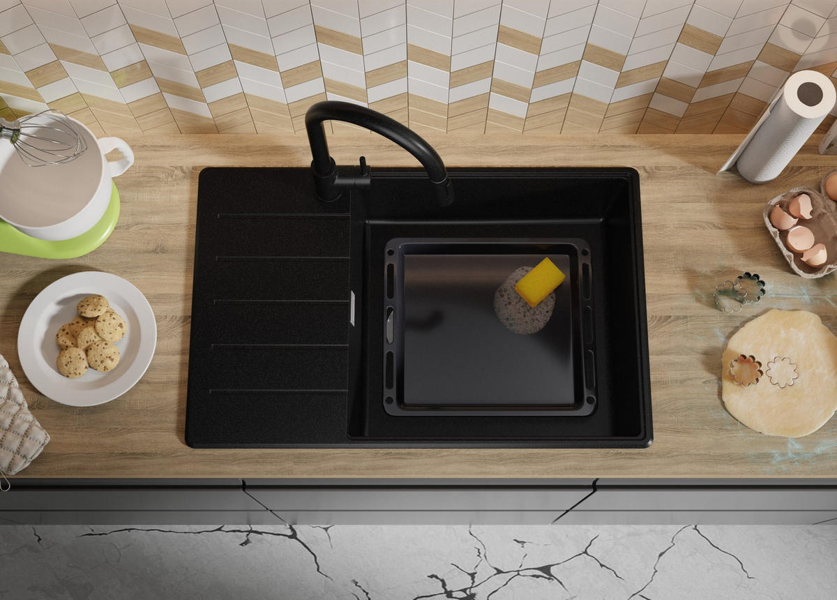 GRANITSPÜLE Kopenhagen, 2-er set Alles Schwarz 78/50 cm 1 Becken + Küchenarmatur 32/20 cm + Ablauf-Set + Schneidebrett ab 60er Unterschrank - Schwarz, Kunststoff (78/20/50cm) - Primagran