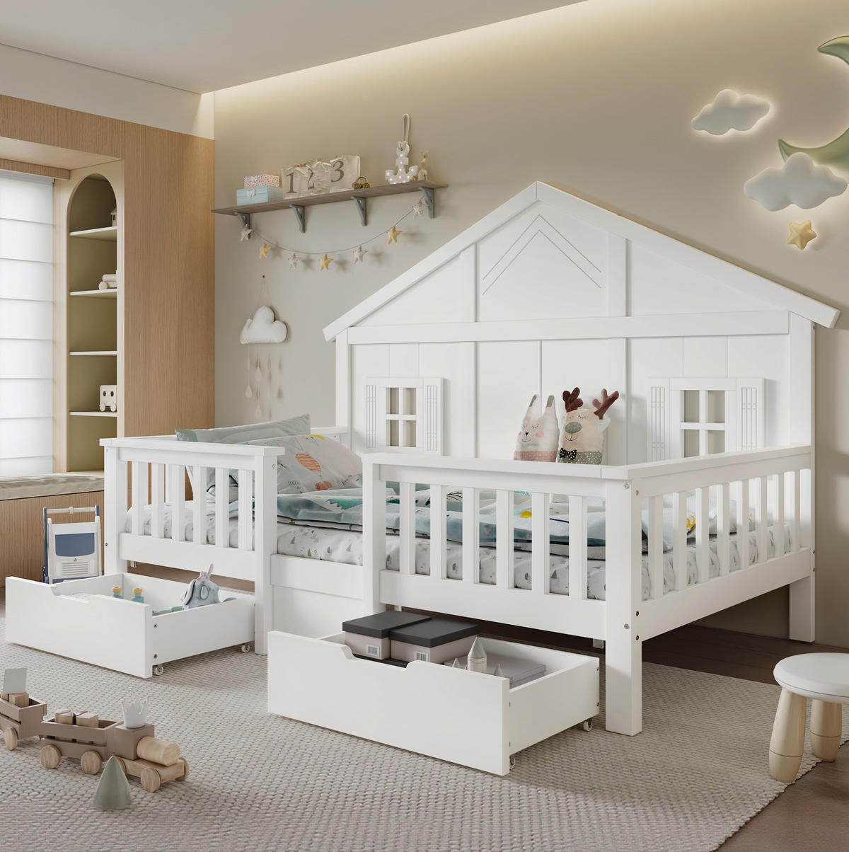 KINDERBETT aus Kiefer und MDF 90x200 cm Weiß mit 2 Schubladen, Dach und Fensterdetails - Weiß, Holzwerkstoff (90/200cm) - Modfu