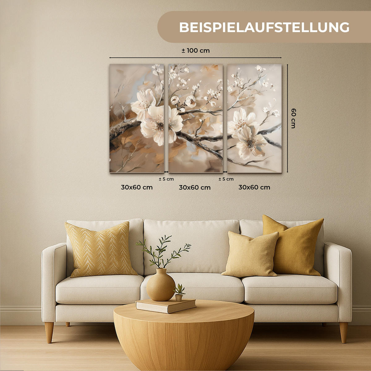 LEINWANDBILD 3er Set Blüte - Beige - Abstrakt - Blumen 90x60 cm - Hellbraun, Textil (90/60cm) - MuchoWow