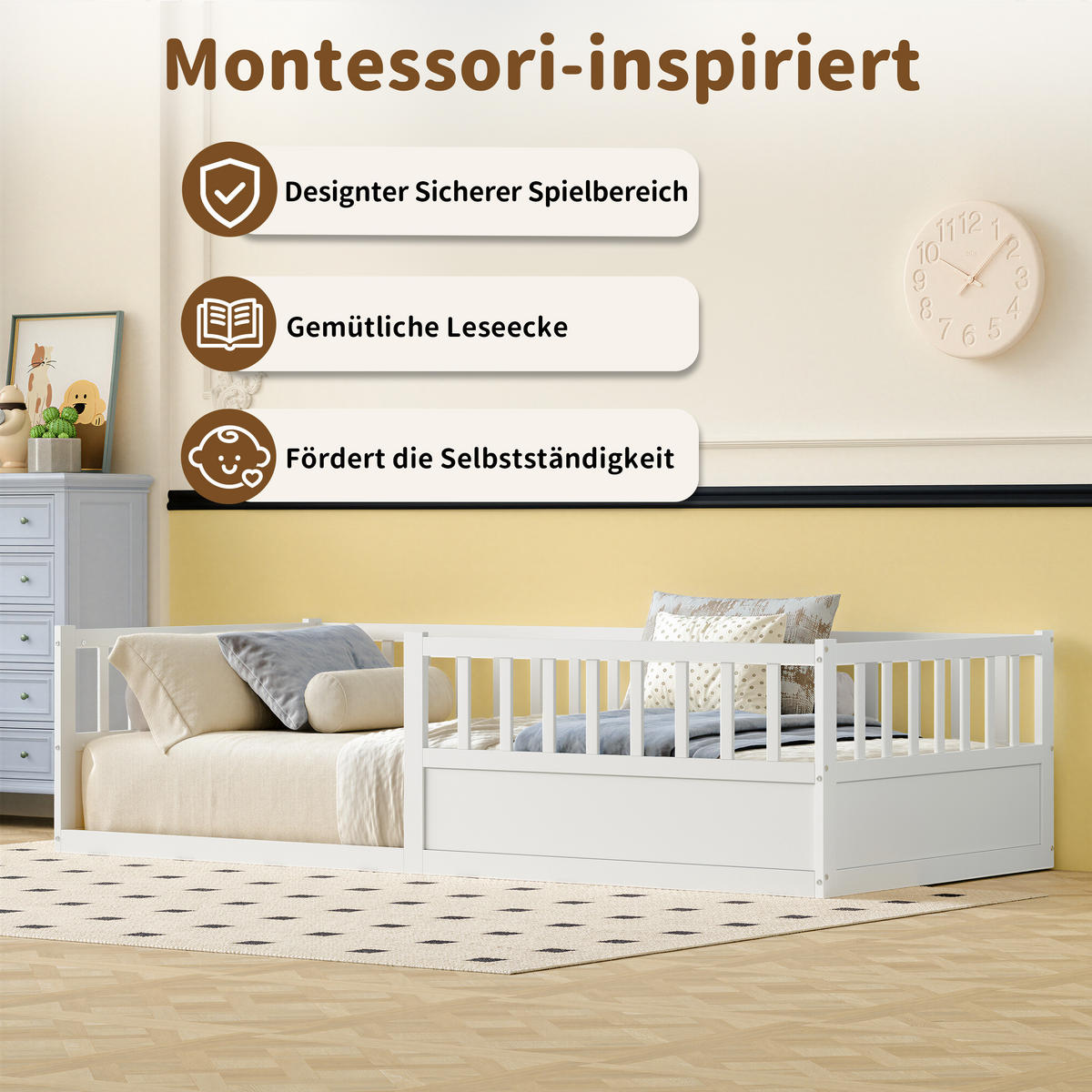 KINDERBETT 90/200 cm in Weiß aus Kiefer mit Rausfallschutz - Weiß, Holzwerkstoff/Metall (90/200cm) - WISHDOR