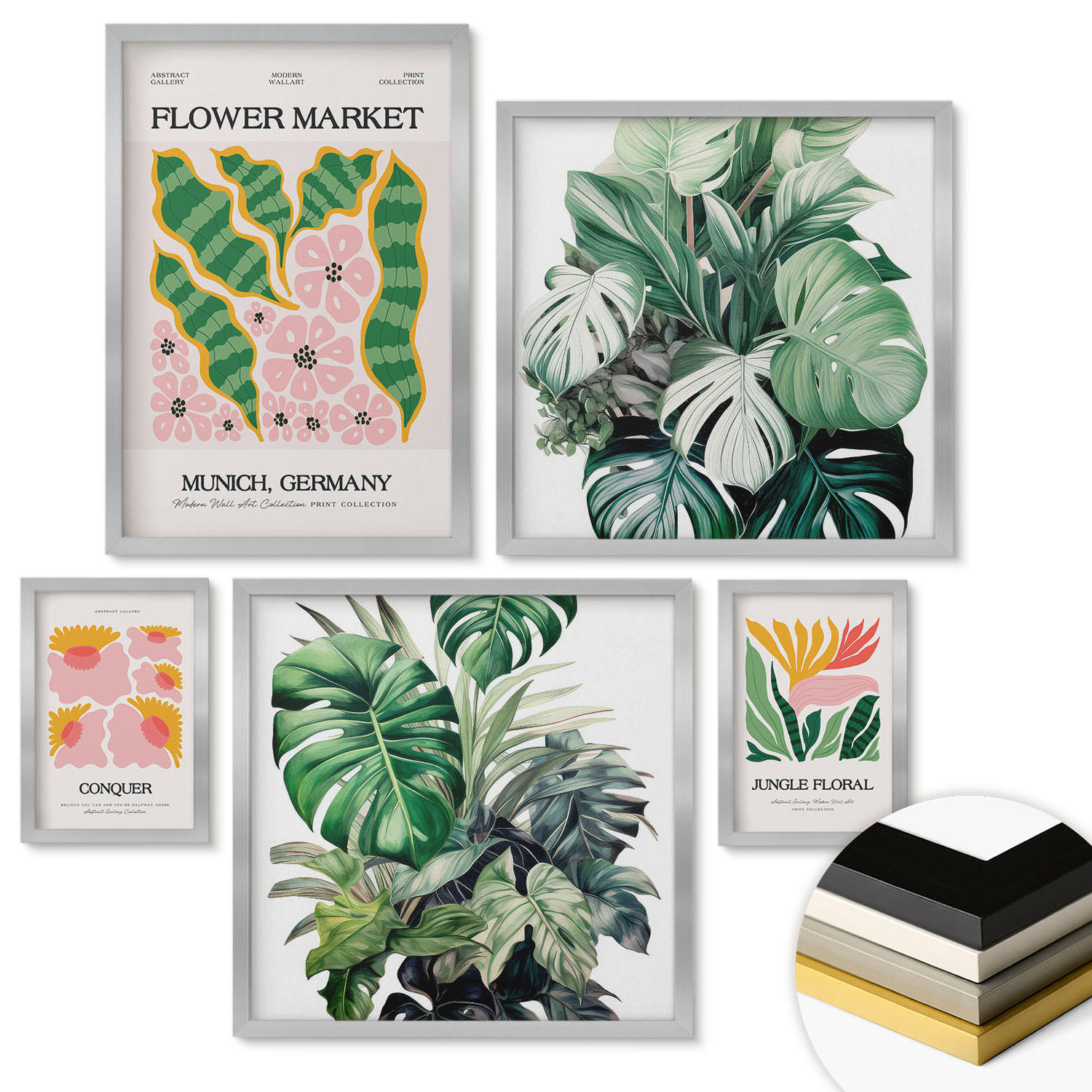 WANDBILDER 5er Set - 50x50 cm & 20x30 cm & 40x60 cm Silberner Rahmen - Blumen und Blätter – moderne Poster - Silberfarben, Kunststoff (40/60cm) - ArtPrintCave