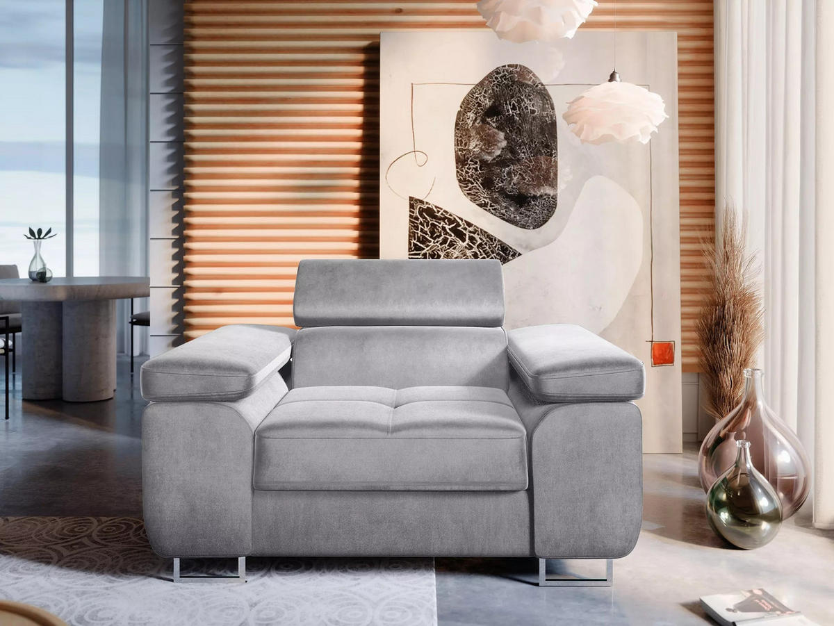 SESSEL WILD mit verstellbare Kopfstütze Velours Hellgrau - Chromfarben/Hellgrau, Holz/Textil (138/100/101cm) - Muffo