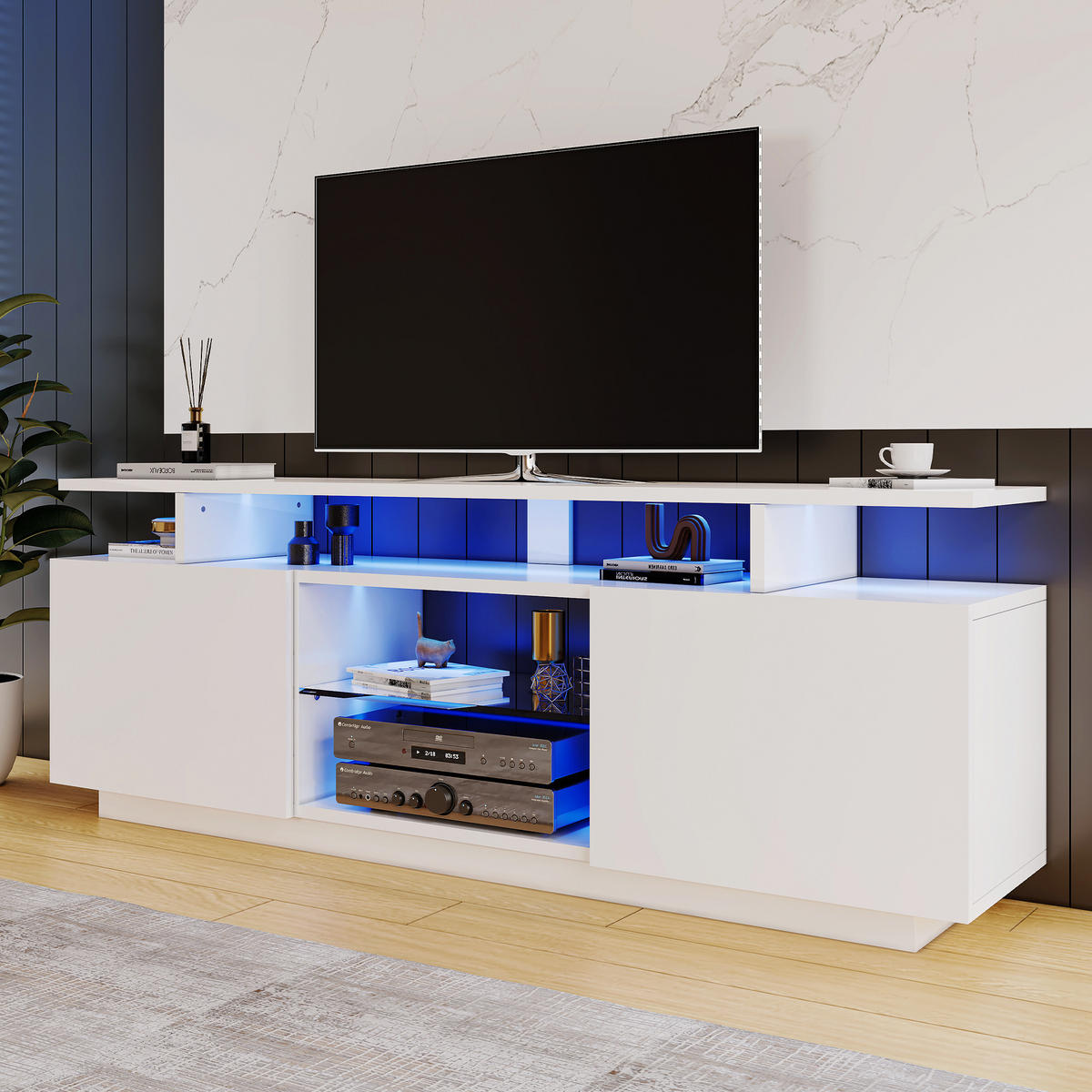 TV-SCHRANK weiß mit Hochglanz-Türen, offenen Fächern und App-gesteuerter LED-Beleuchtung 140 × 35 × 55 cm - Weiß, Holzwerkstoff (140/55/35cm) - Luhomfu