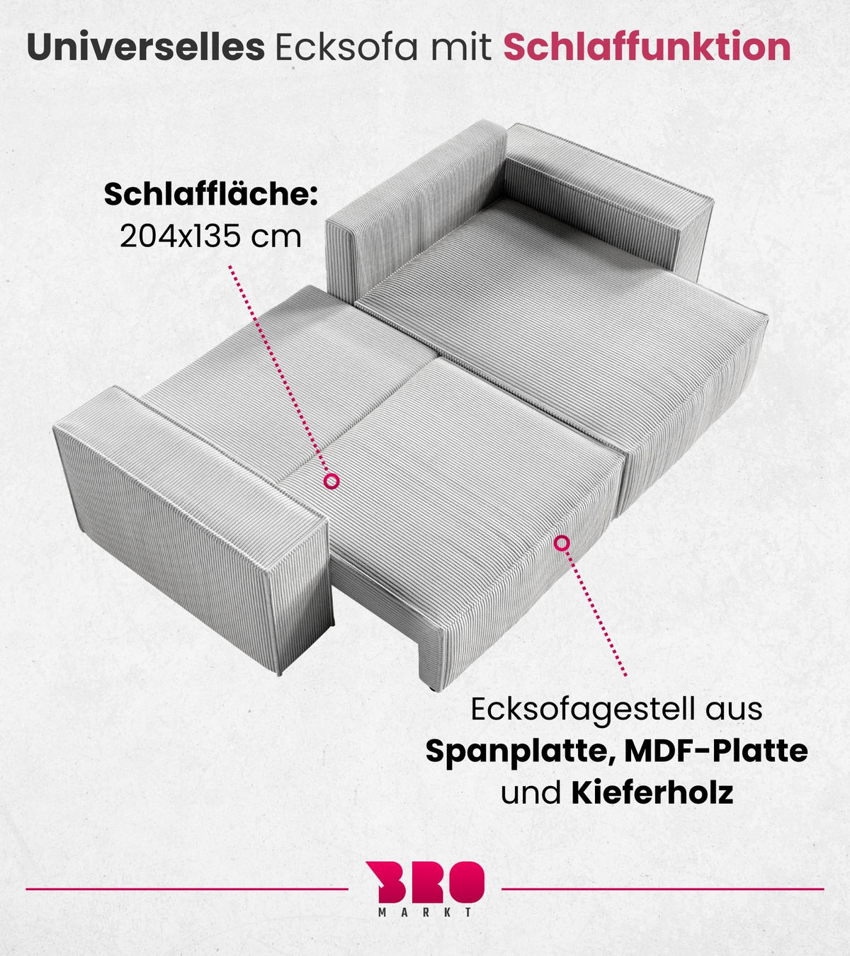 ECKSOFA Pedro mit Schlaffunktion Schwarz Cord - Schwarz, Textil (255/153cm) - Bromarkt