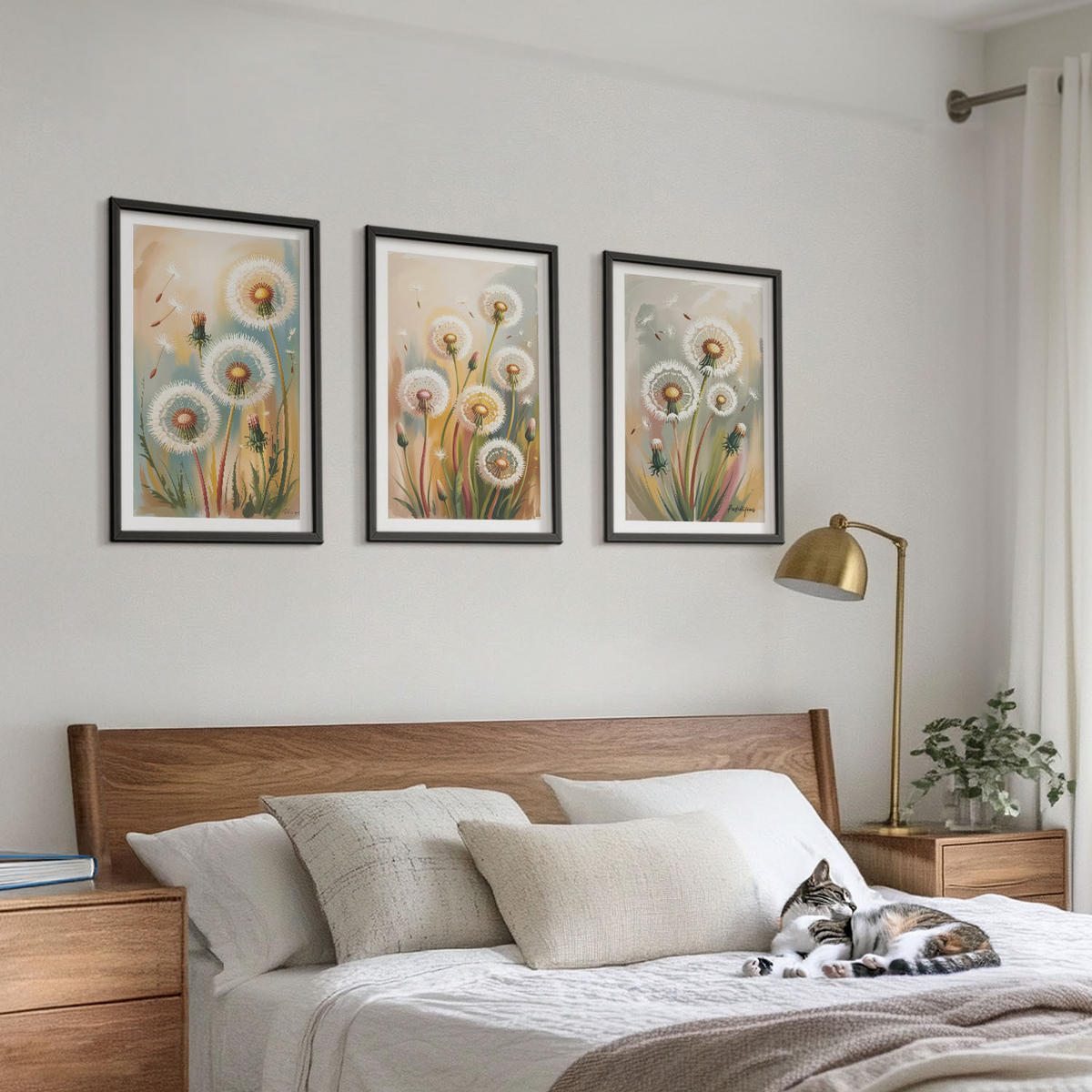 BILDER SET 3er Set - 40x60 cm Schwarzer Rahmen - Löwenzahnblüten, pastellfarbene Gräser - Schwarz, Kunststoff (40/60cm) - TULUP