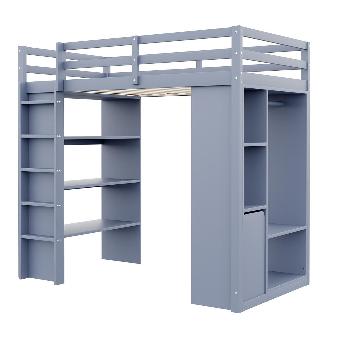 HOCHBETT 90/200 cm DE-01422, in Grau, mit Regalen, Kleiderbügeln und Organisationswagen - Grau, Holz (90/200cm) - ComfortXL