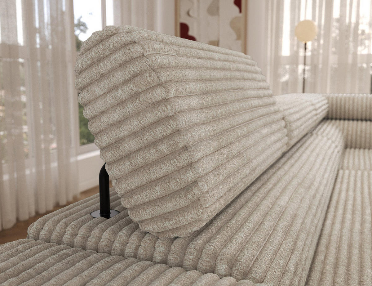 ECKSOFA COLESIO L-Form, Schlaffunktion, Bettkasten, verstellbare Kopfstützen, Wellenfederung, Metallfüße, breiter Cordstoff - Creme/Schwarz, Kunststoff/Metall (204/269cm) - Wohnideebilder