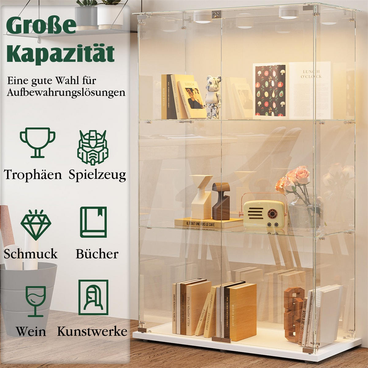 VITRINE - Glasvitrine mit 2 Türen und 3 Ebenen - integrierte LED-Spot-Beleuchtung - Weißer Holzboden - Weiß, Glas (78.5/123.3/35cm) - DELFA
