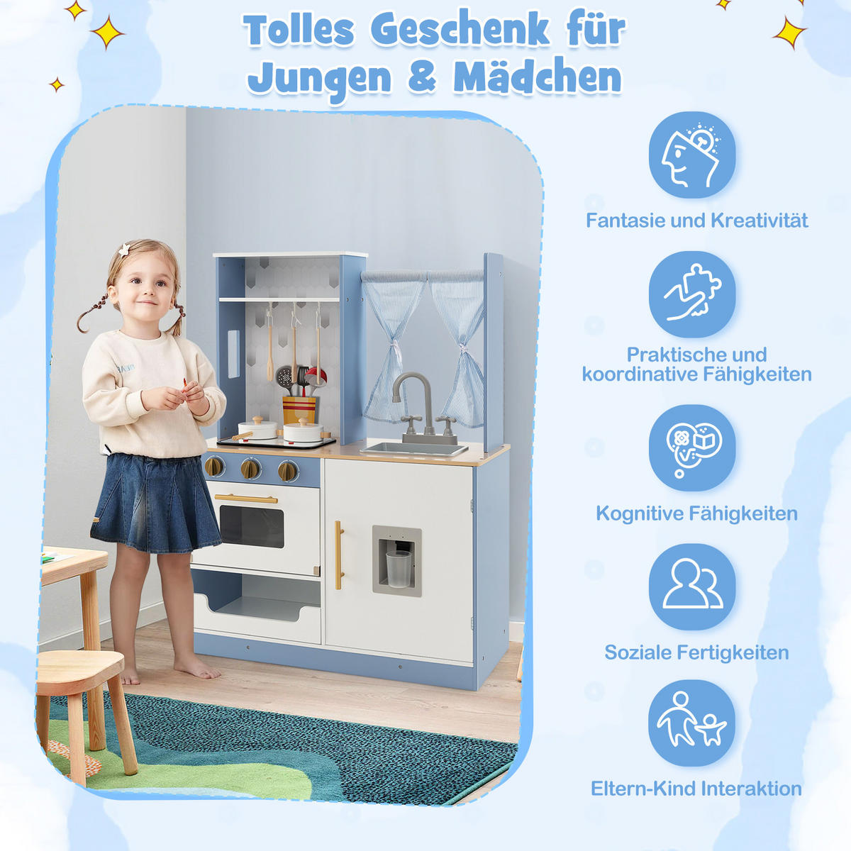 SPIELKÜCHE Blau - Blau, Holzwerkstoff (29/95/70cm) - COSTWAY