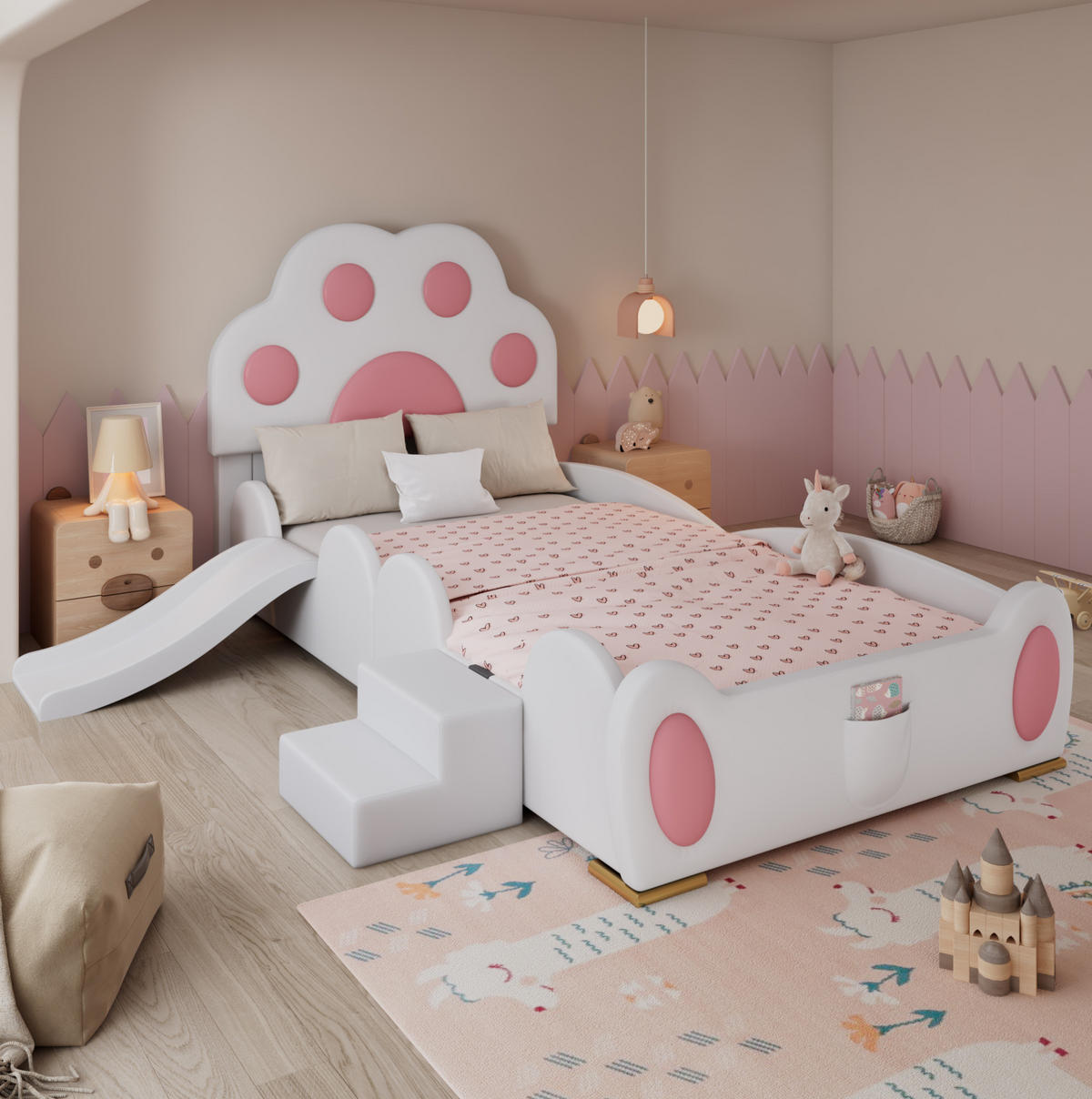 KINDERBETT aus PU 90x200 cm Weiß/Rosa mit Rutsche, zweistufiger Leiter und Katzenpfoten-Kopfteil - Weiß, Kunststoff (90/200cm) - Modfu