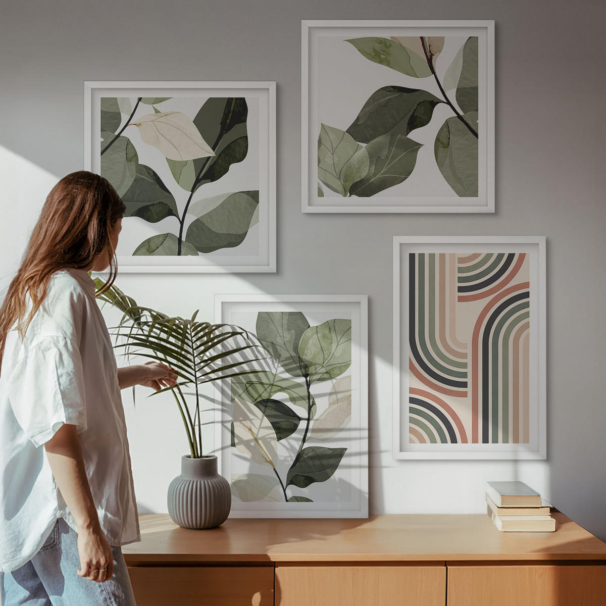 BILDER SET 4er Set - 50x50 cm & 40x60 cm Weißer Rahmen - Geometrische Pflanzenmotive - Weiß, Kunststoff (50/50cm) - TULUP