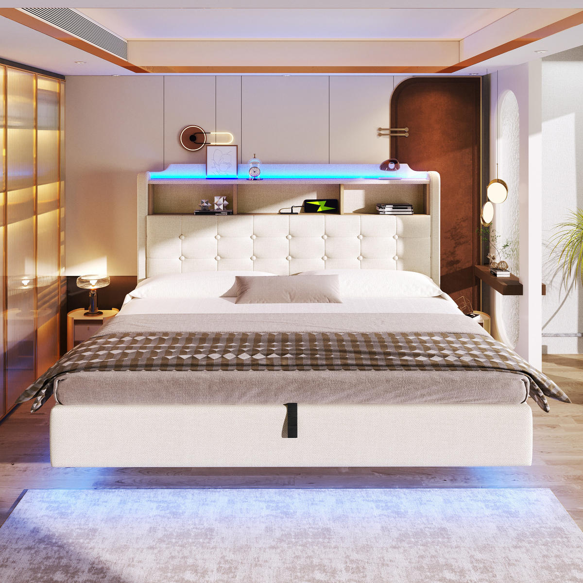 POLSTERBETT 180/200 cm in Beige mit LED, USB, Type-C und Stauraum aus Leinen und MDF - Beige, Holzwerkstoff/Textil (180/200cm) - STILVORA