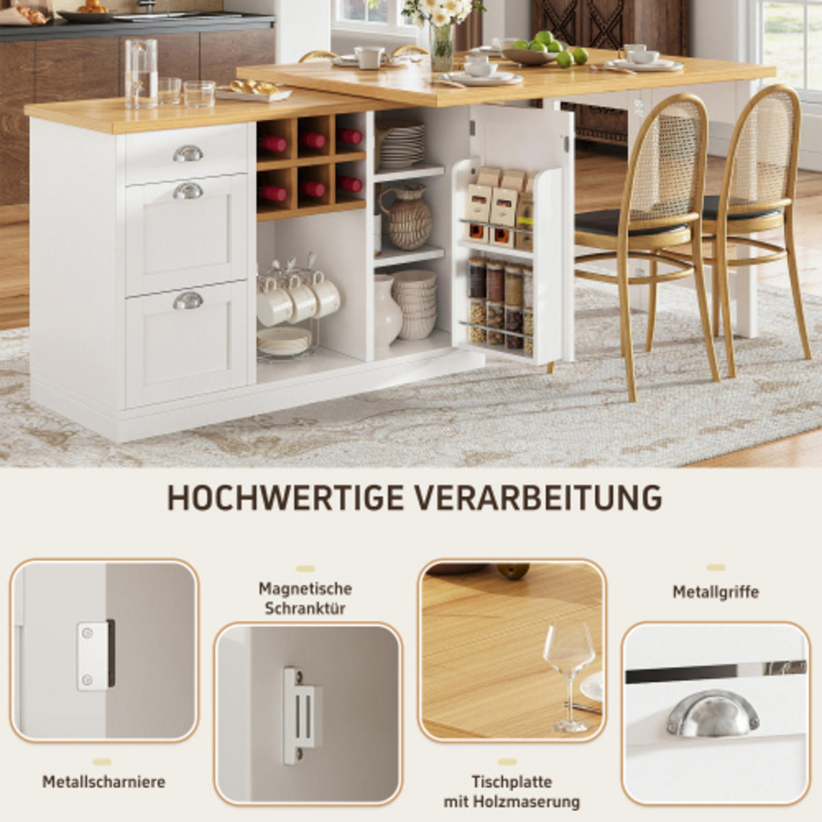 KÜCHENINSEL 120-197×40×74 cm aus MDF mit 360° drehbaren Tischpaneelen, Weinregal und vielfältigem Stauraum, weiß - Weiß, Holzwerkstoff (197/74/40cm) - Luhomfu