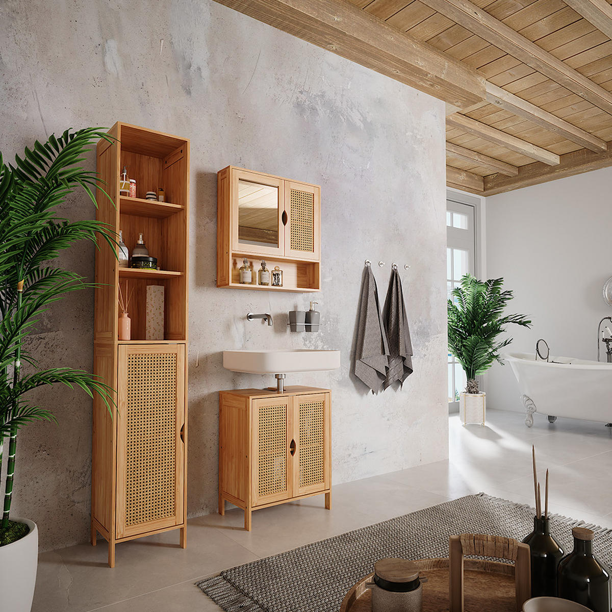 BADSCHRANK Liora Bambus 30 x 170 cm - Grün, Holzwerkstoff (30/170/29cm) - Vicco