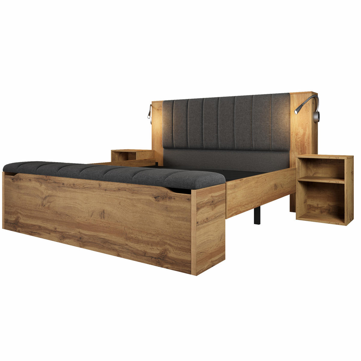 BETT 180/200 cm in Eiche mit Nachttischen, Bettbank und USB-Leselampen - Eichefarben, Holzwerkstoff (180/200cm) - Flora Grace