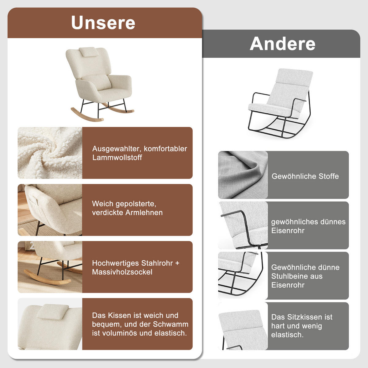 SCHAUKELSTUHL mit Hocker, Beige ,Lendenkissen, Kopfstütze, Seitentaschen und Massivholzsockel, Lammwolle Stoff-für Wohnzimmer, Schlafzimmer - Ecru, Holz/Metall (75/42/93cm) - BursDany