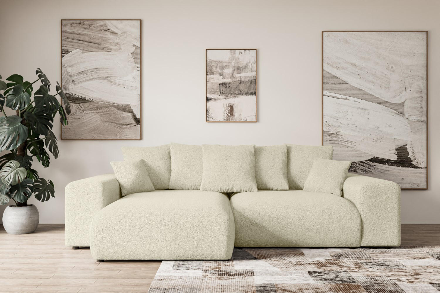 ECKSOFA mit Schlaffunktion und Bettkasten ESKAR-L 256x165x84cm Beige Bouclé - Beige/Schwarz, Holzwerkstoff/Kunststoff (165/256cm) - ALTDECOR