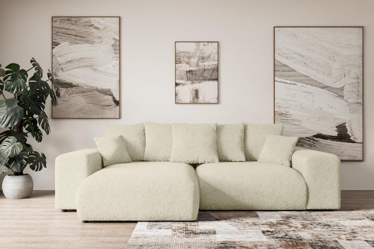 ECKSOFA mit Schlaffunktion und Bettkasten ESKAR-L 256x165x84cm Beige Bouclé - Beige/Schwarz, Holzwerkstoff/Kunststoff (165/256cm) - ALTDECOR