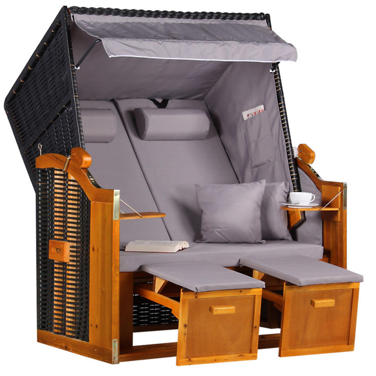 STRANDKORB Ostsee 2-Sitzer PE schwarz - Braun/Grau, Metall (120/160/80cm) - Mr. Deko