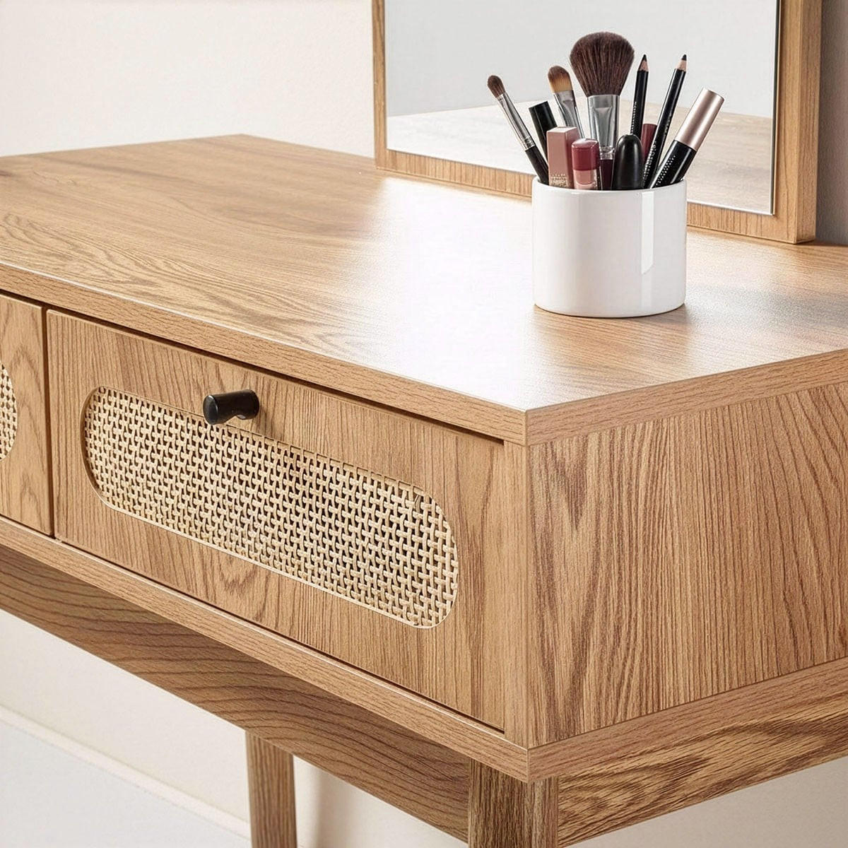 SCHMONKTISCH mit Spiegel und 2 Schubladen Rattanfronten 80/39/140 cm - Eschefarben, Holzwerkstoff (39/140/45cm) - Calicosy