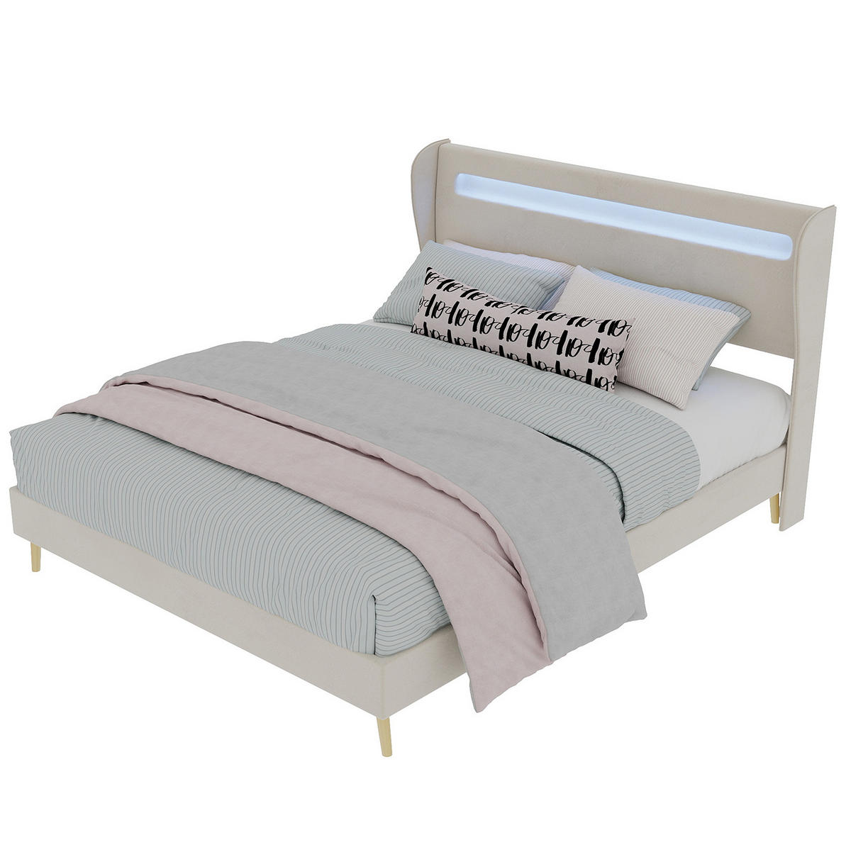 POLSTERBETT 140/200 cm beige aus Stoff und Metall mit LED-Kopfteil - Beige, Textil (140/200cm) - OKWISH