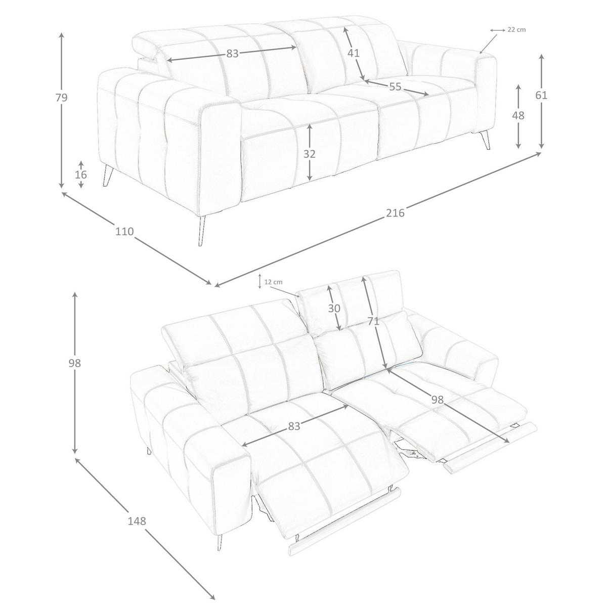 SOFA Klassisch Grau Schwarz 216/110/98 cm - Schwarz, Leder/Metall (216/98/110cm) - ANGEL CERDA
