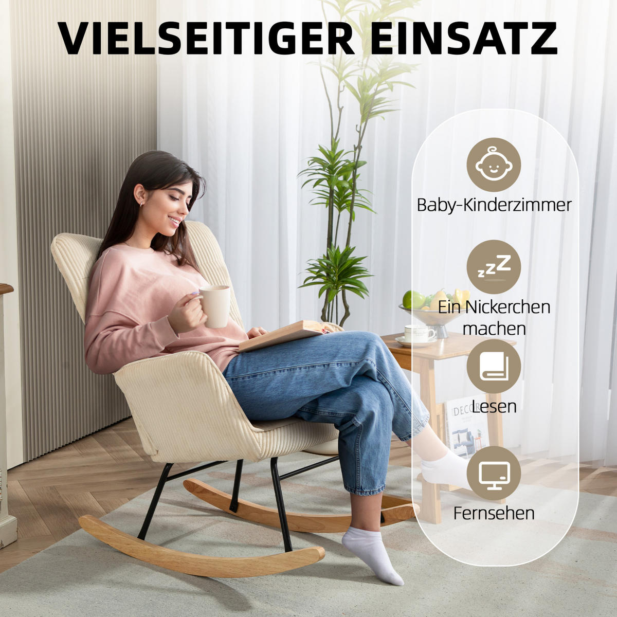 SCHAUKELSTUHL 71/98/101 cm mit hoher Rückenlehne und Kordbezug in Beige - Beige, Holz (98/101/71cm) - BEAOK