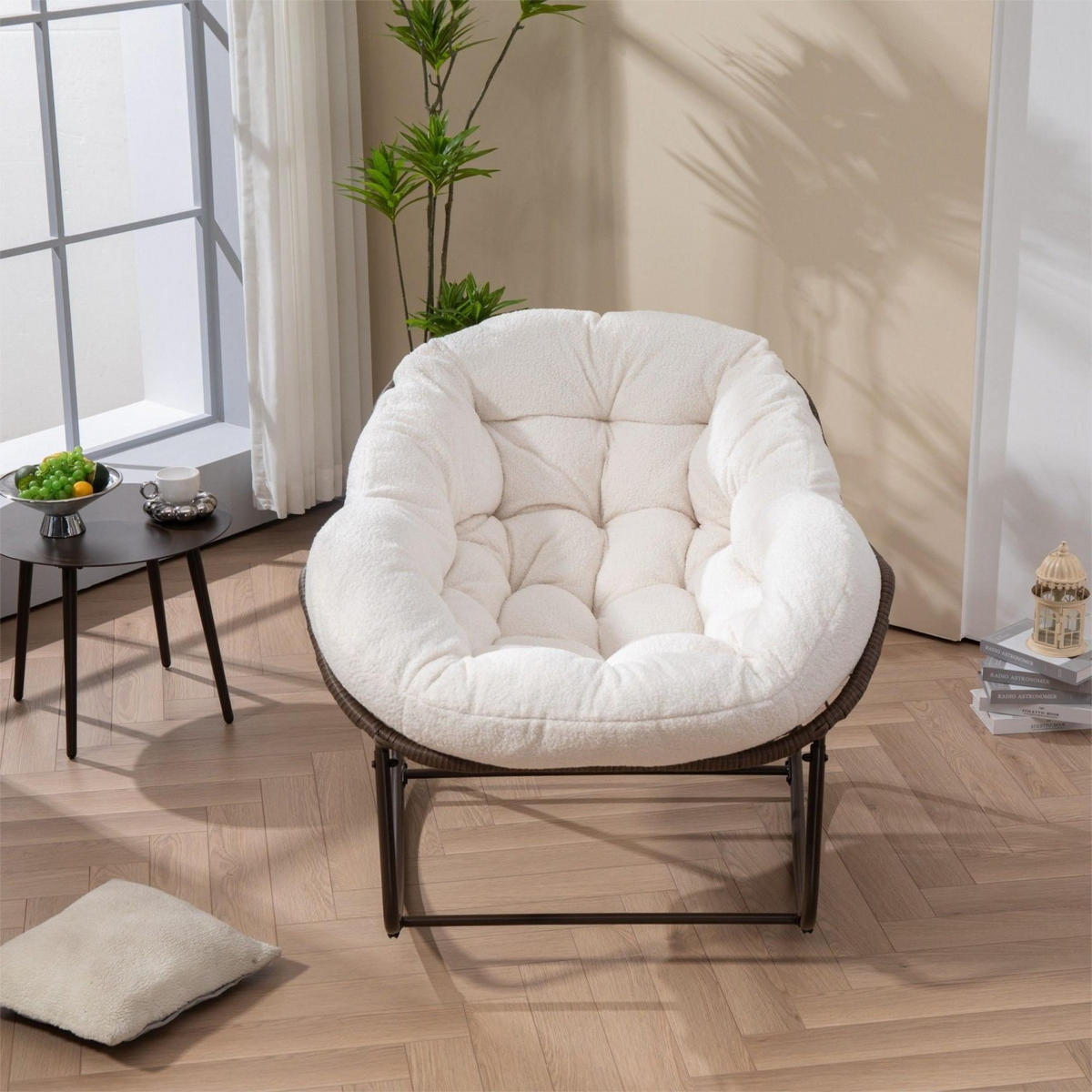 SCHAUKELSTUHL Schaukelsessel,Rattanstuhl mit Stahlrahmen,Weiß-Fleece - Weiß, Metall (94.5/80/111cm) - LVHOM