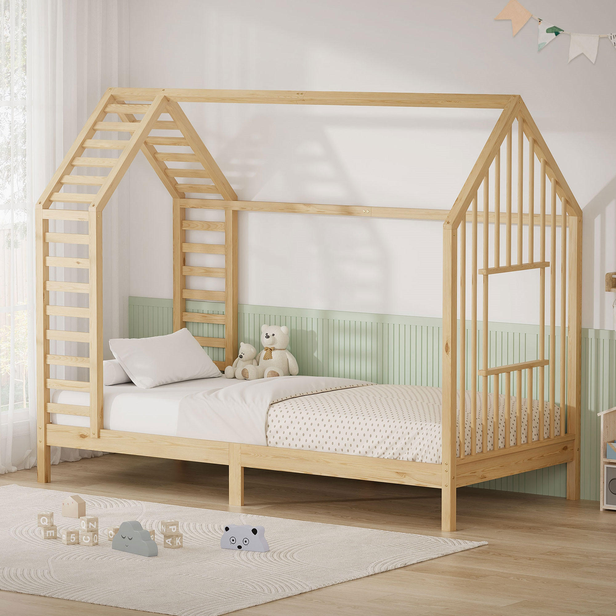 KINDERBETT 90x200 cm mit Lattenrost Dach und Fenster Hausbett aus massivem Kiefernholz Natur - Naturfarben, Holz (90/200cm) - ML-DESIGN