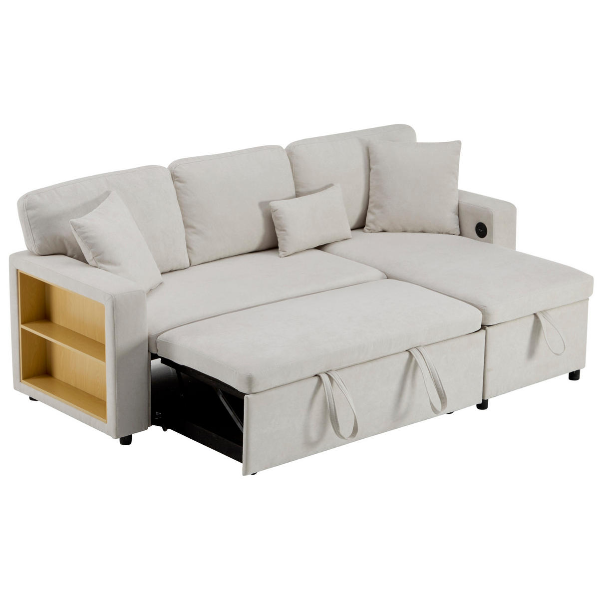 ROHOVÁ rozkládací pohovka z flanelu 214x131x87 cm béžová s USB portem, úložným prostorem a policí - béžová, textil (131/87/214cm) - Modfu