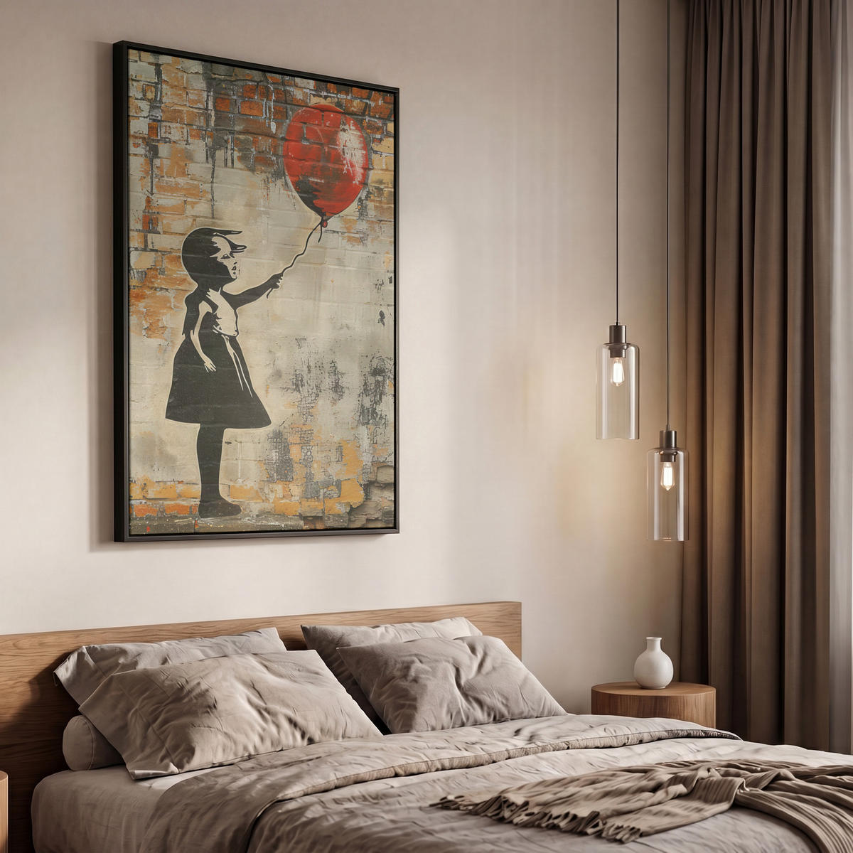LEINWAND Bilder mit Rahmen - Graffiti - Banksy - Mädchen - Straßenkunst - 60x90 - Sandfarben, Textil (60/90cm) - MuchoWow