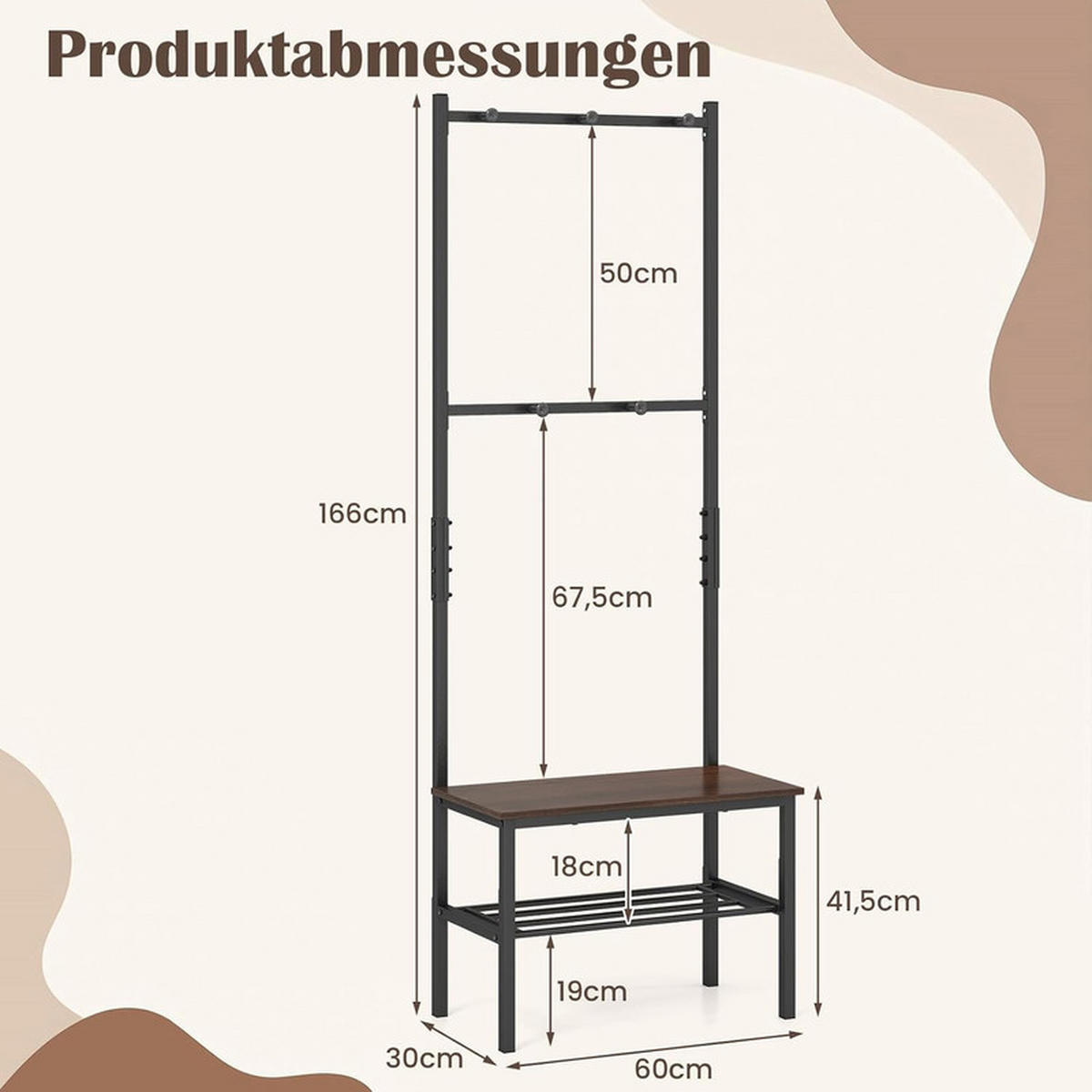 GARDEROBENSTÄNDER mit Haken schwarz - Schwarz, Metall (60/166/30cm) - COSTWAY