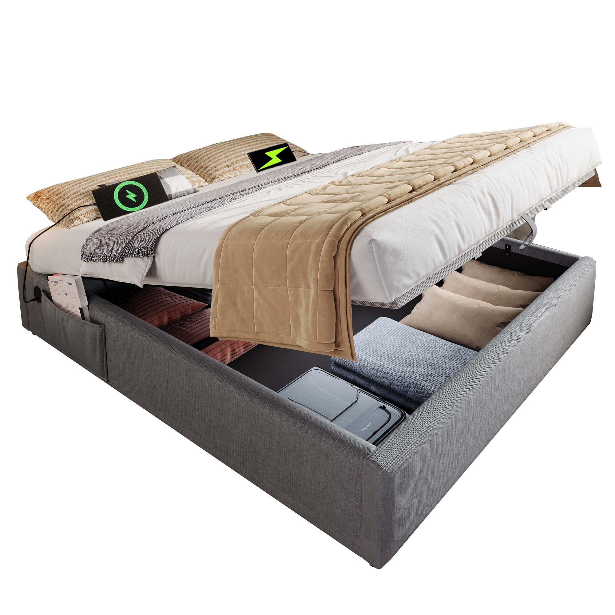 POLSTERBETT 160/200 cm mit Stauraum und USB-C Grau - Grau, Textil (160/200cm) - OKWISH