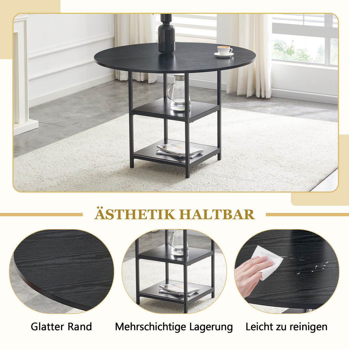 ESSTISCH-SET 5-tlg. 107 cm Schwarz/Hellbraun - Schwarz, Metall (107/75/107cm) - Meubliv