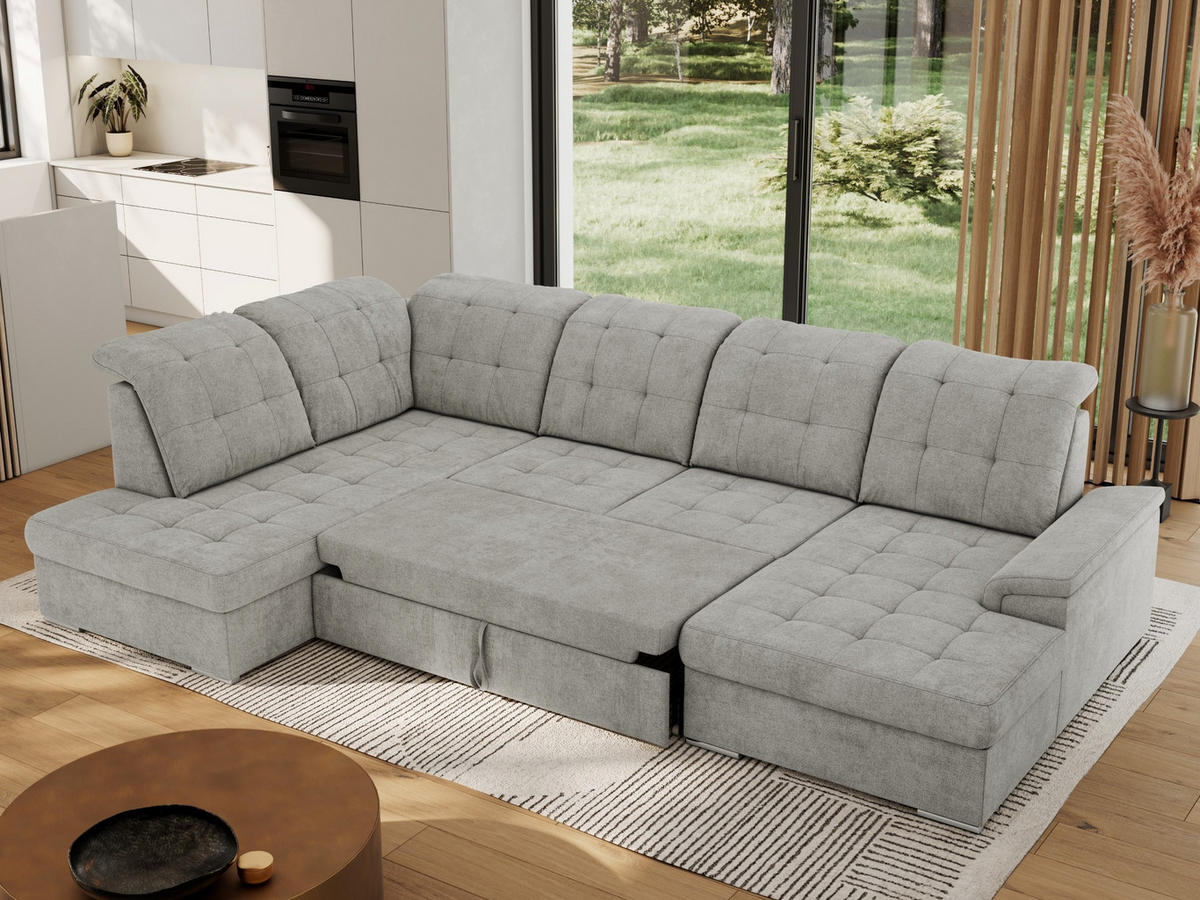 WOHNLANDSCHAFT MADRITO U - Hellgrau Struktur - Links - Silberfarben/Hellgrau, Textil/Metall (204/89/323cm) - MKS