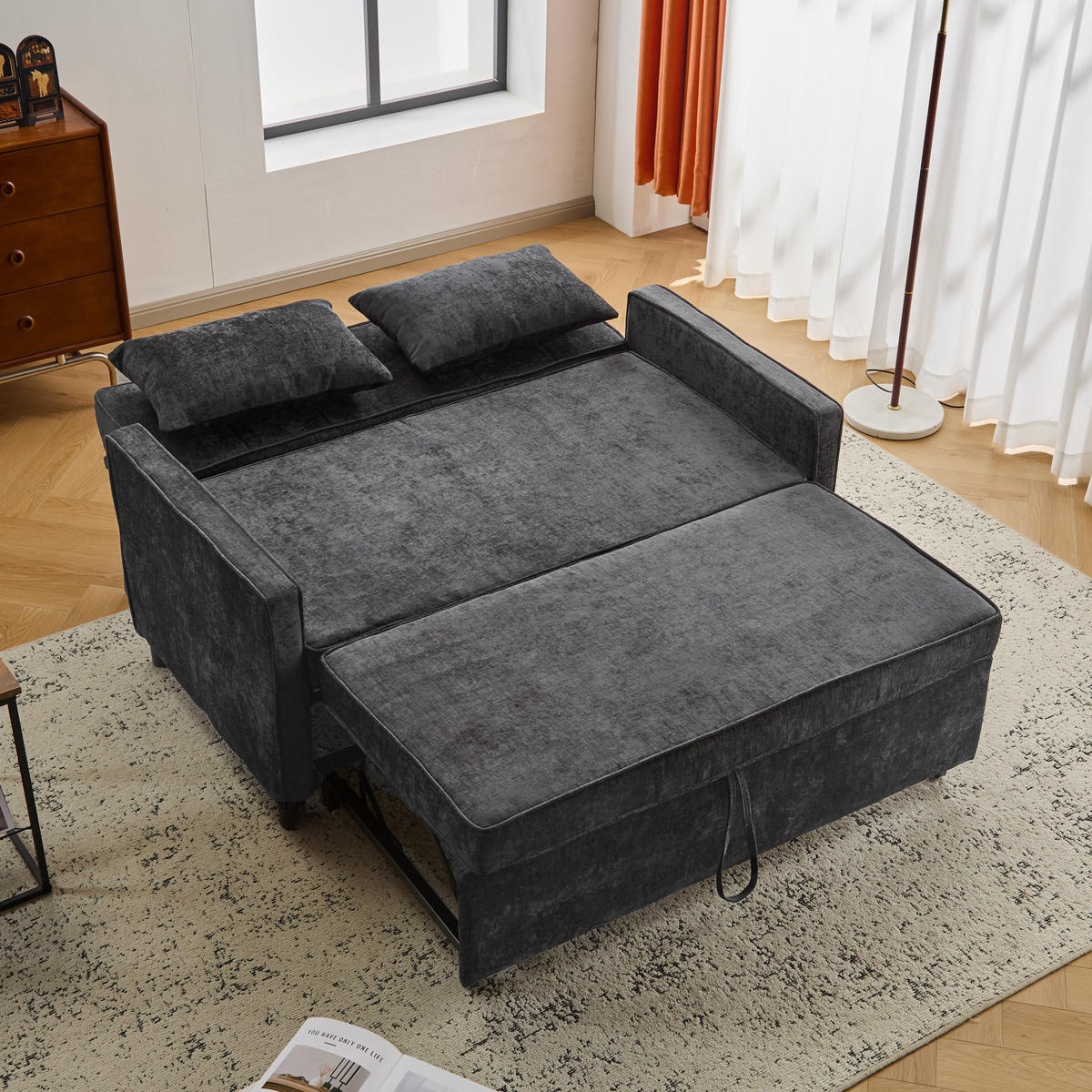 SCHLAFSOFA 2-Sitzer mit Chenillebezug und Bettfunktion - Schwarz, Kunststoff (142/85/79cm)
