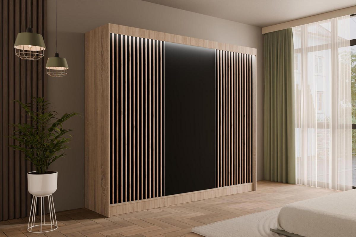 KLEIDERSCHRANK mit LED, Lamel-Schiebetüren VILANv2 - 250 cm Sonoma Eiche + Lamelle Eiche Wotan - Eiche Wotan/Sonoma Eiche, Holzwerkstoff (250/215/61cm) - ALTDECOR