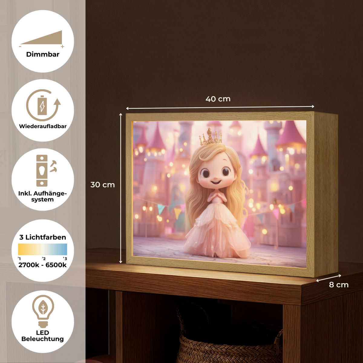 NACHTTISCHLAMPE MIT AKKU Prinzessin - Rosa - Schloss 40x30 cm - Rosa, Holzwerkstoff (8/40/30cm) - OnlyWow