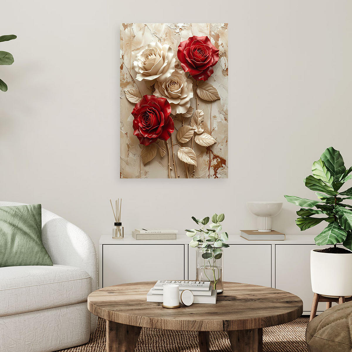 LEINWANDBILDER, Rote und cremefarbene Rosen in einer eleganten 3D-Komposition - Beige, Textil (60/90cm) - Feeby