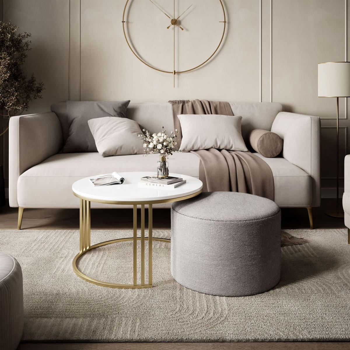 COUCHTISCH mit Hocker LORI Hochglanz gebürstetes Gold/weißer Glanz/Perfect Harmony 82 - Schwarz, Metall (70/70/49cm) - Lookway