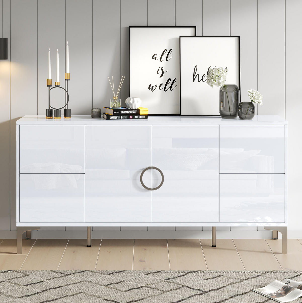 SIDEBOARD, 150/38/59,5 cm, MDF bílá s vysokým leskem, 4 zásuvky a 2 dvířka - bílá, kompozitní dřevo (150/59.5/38cm) - BEAOK