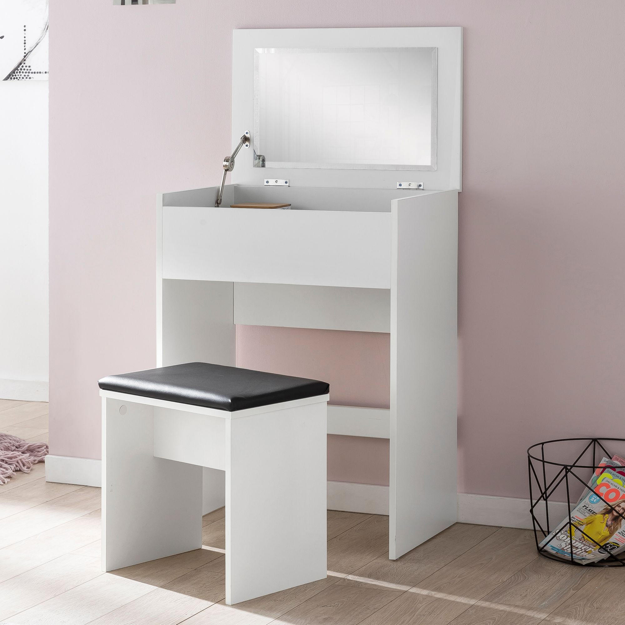 SCHMINKTISCH – Weiß, Klappspiegel & Hocker, Melaminharzbeschichtung, pflegeleicht & modern - Schwarz/Weiß, Holz/Textil (60/81/40cm) - KADIMA DESIGN