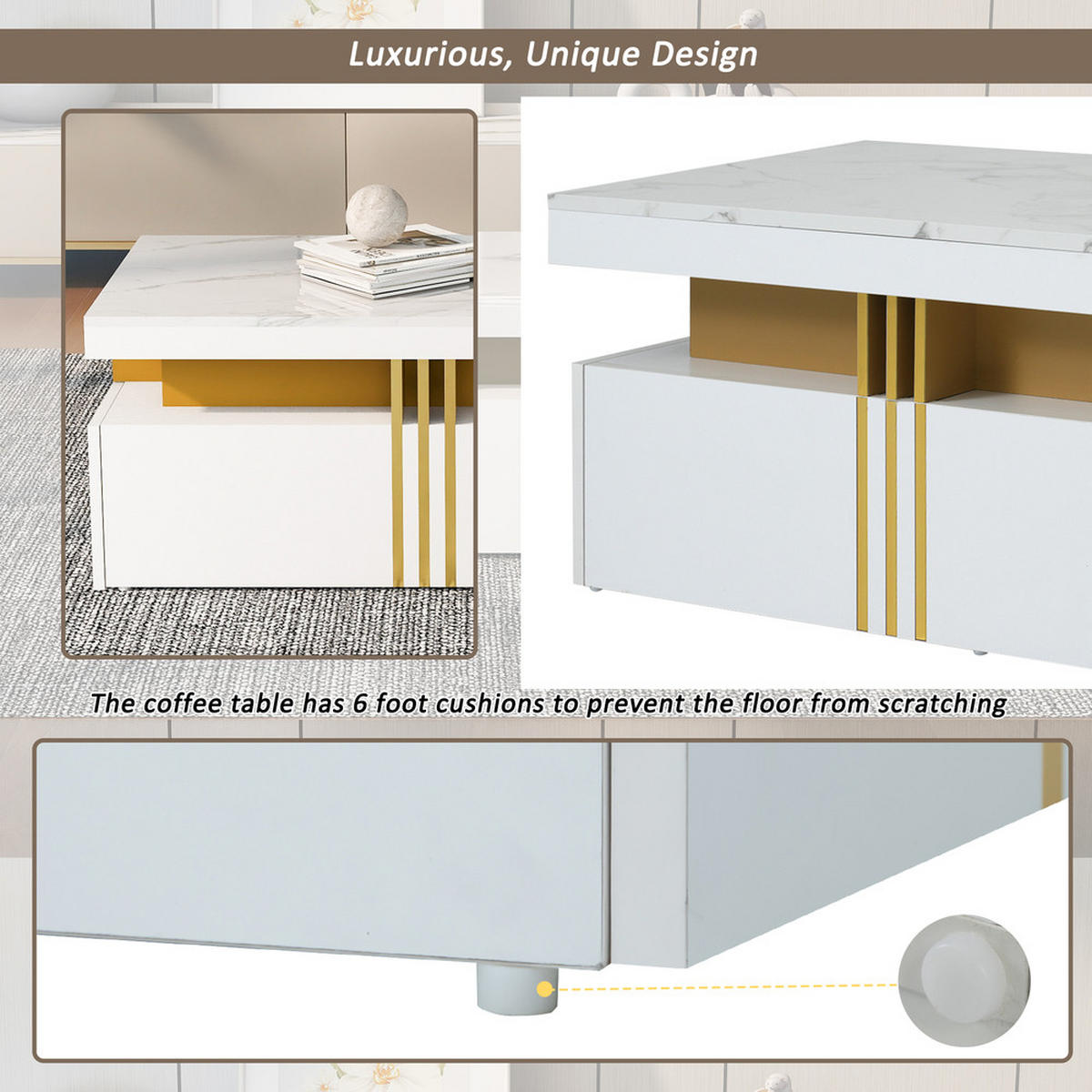 COUCHTISCH 100x50cm Weiß Hochglanz Marmorplatte 2 Holzschubladen Modern - Weiß, Holz (109.22/60.71/14.61cm) - FLIEKS