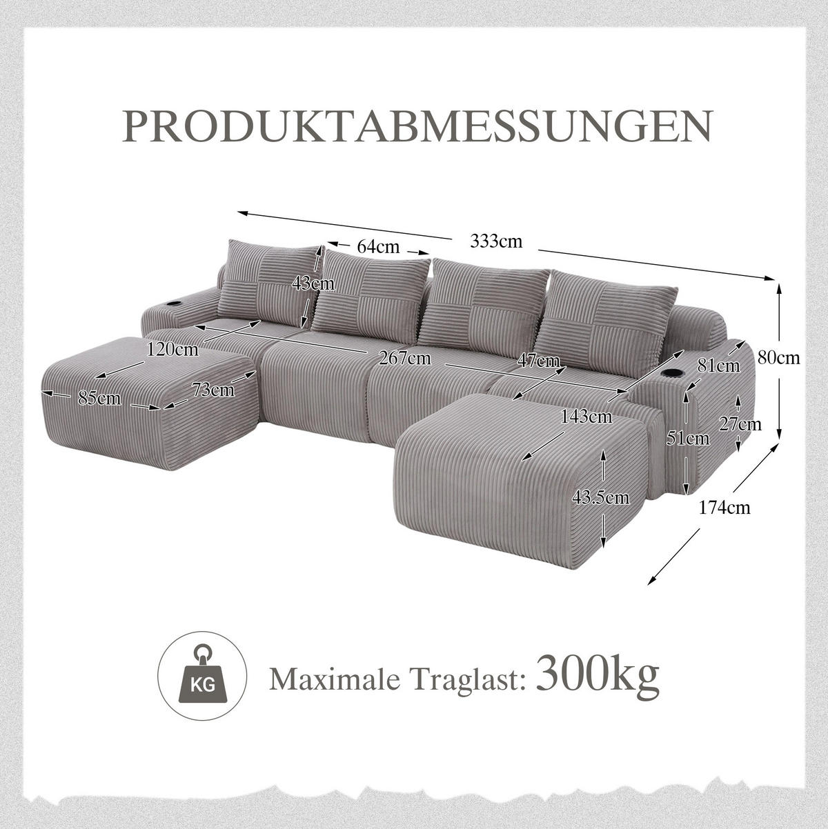 WOHNLANDSCHAFT modular 4-Sitzer mit 2 Hockern 333 x 174 cm Cord Hellgrau - Hellgrau, Kunststoff (174/80/333cm) - Meubliv