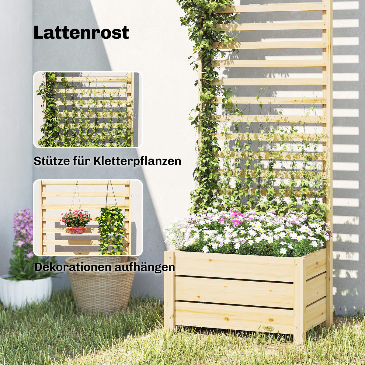 HOCHBEET mit Rankgitter Tannenholz Naturholz - Naturfarben, Holz (60/200/39cm) - Outsunny