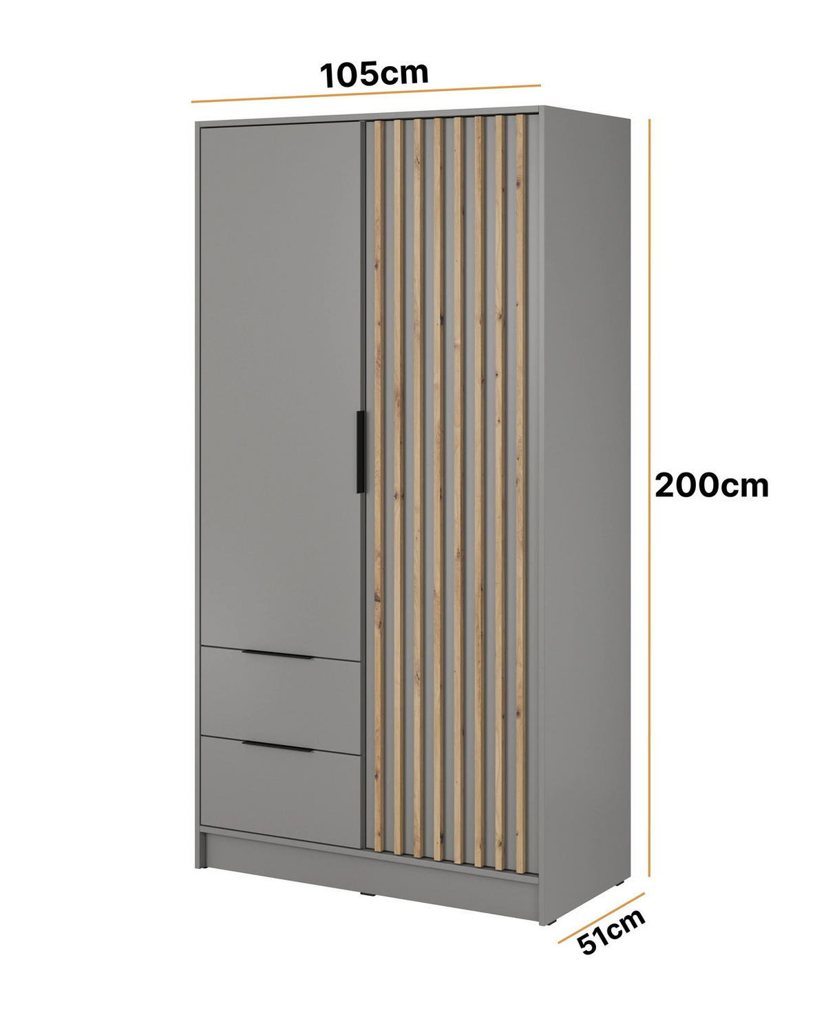 KLEIDERSCHRANK Stilo in Grau, zweitürig, mit Spiegel und Lamellen an der Vorderseite - Schwarz/Eiche Artisan, Holzwerkstoff/Kunststoff (105/200/51cm) - Ravio